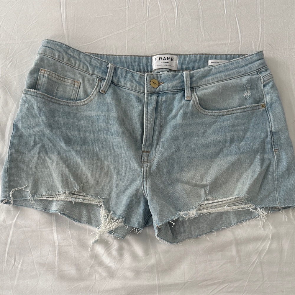 Frame Denim Washed Light Blue Distressed Cutoff Shorts